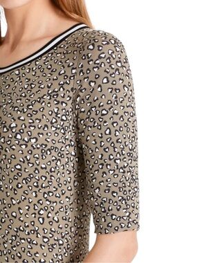 Marc Cain Beige Leopard-Print Short Sleeve Top with Black & White Trim